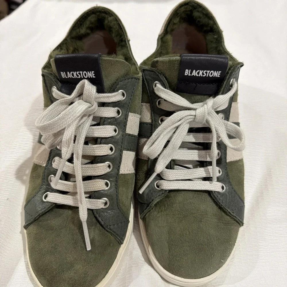 Blackstone Sneakers‎ Green Nubuck Leather White Stripe Fur Lined Mens 7.5